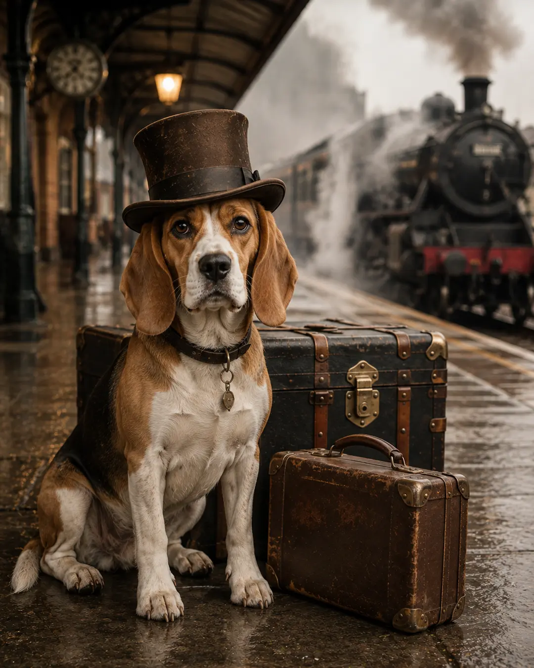 A Beagle in a weathered brown top hat waits beside vintage luggage on a misty railway platform as a steam train approaches.