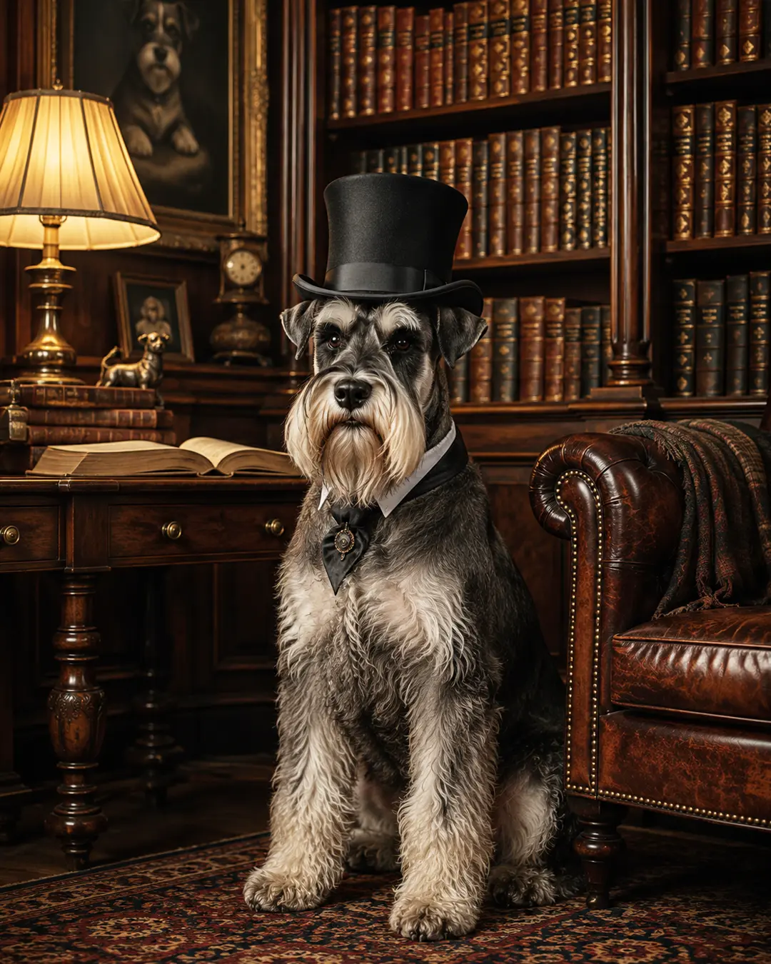 A distinguished Schnauzer in a top hat and formal attire poses in a richly furnished Victorian library lined with antique books.
