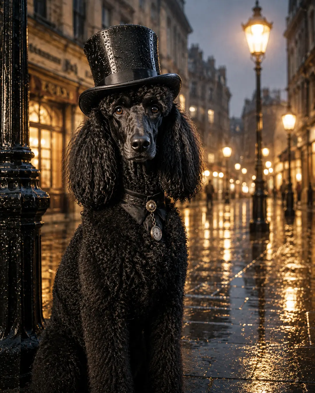 A black Standard Poodle in a rain-speckled top hat poses beneath glowing streetlamps on a wet Victorian city street at dusk.