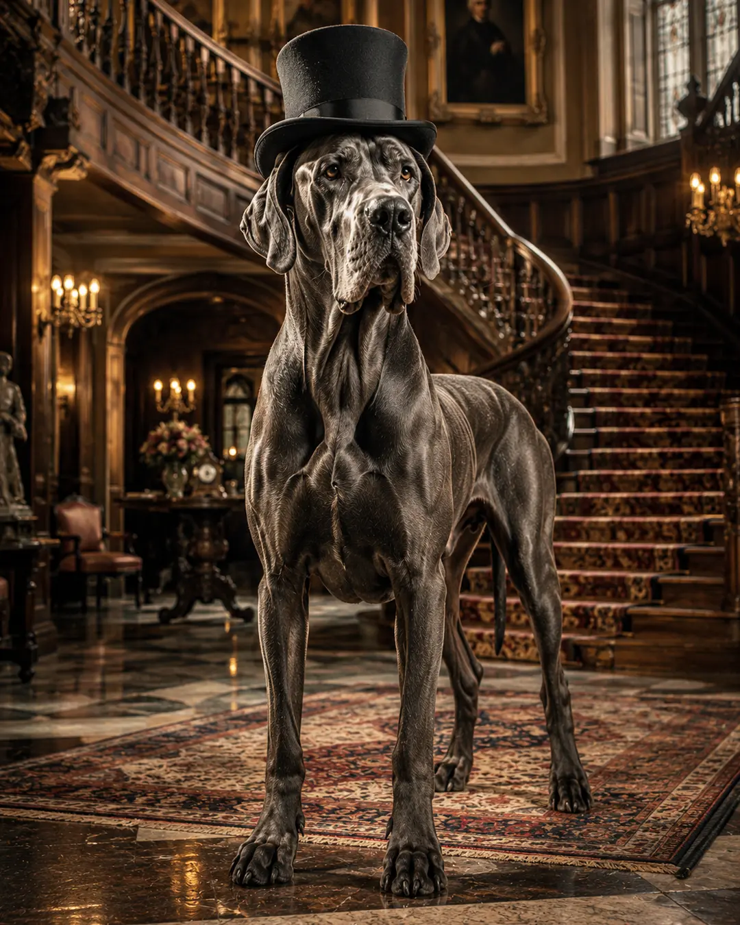 A towering Great Dane in a classic top hat stands majestically in the grand entrance hall of an elegant Victorian mansion.