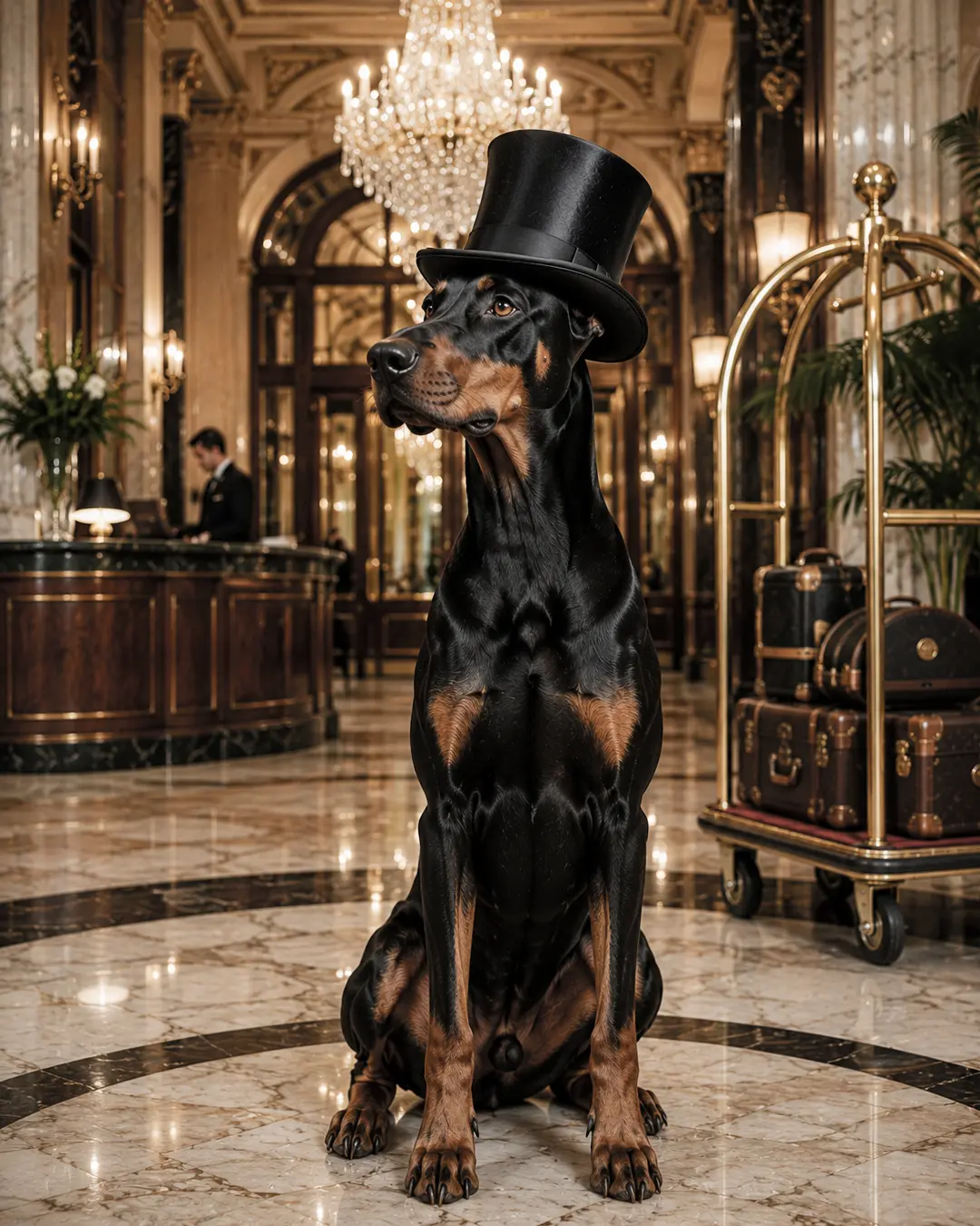 A regal Doberman in a black top hat sits beneath a glittering chandelier in the lavish marble lobby of a grand luxury hotel.
