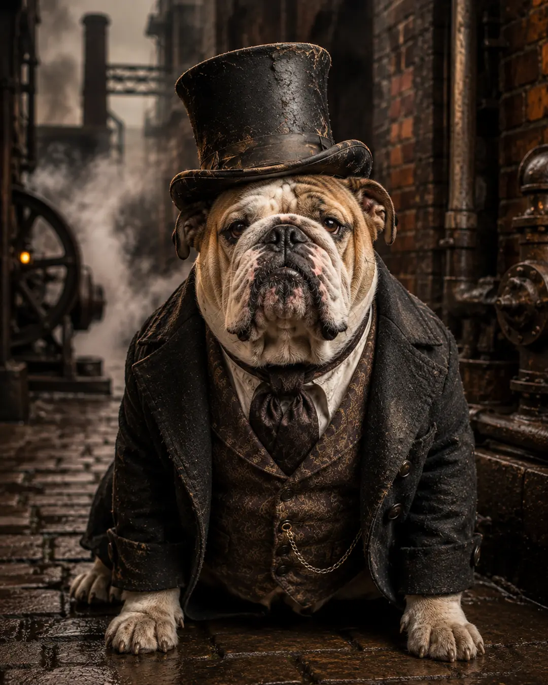 A stout English Bulldog in a battered top hat and Victorian suit poses in a gritty, steam-filled industrial alley.