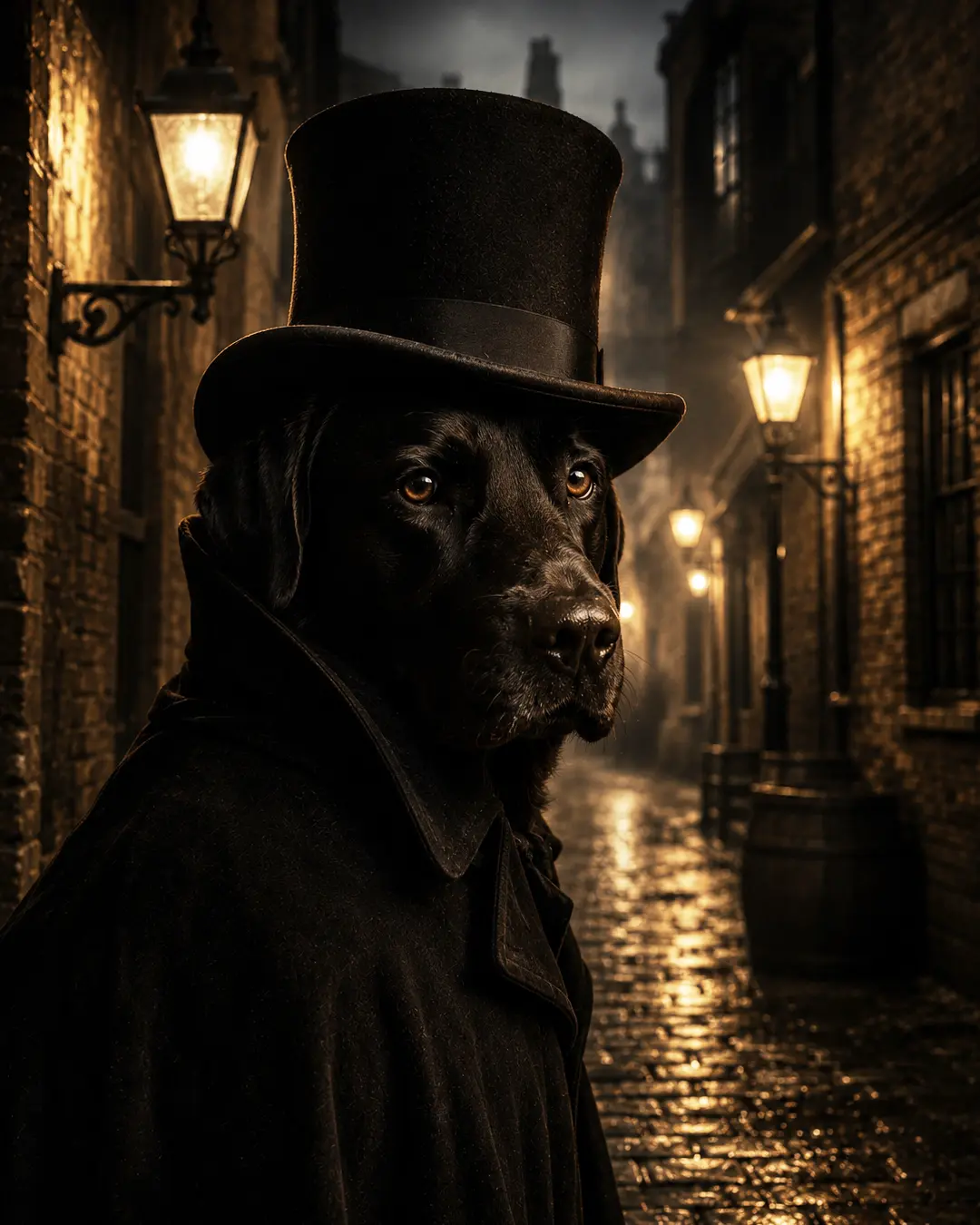 A mysterious black Labrador in a top hat and dark Victorian coat stands beneath gas lamps in a shadowy, rain-soaked cobblestone alley.