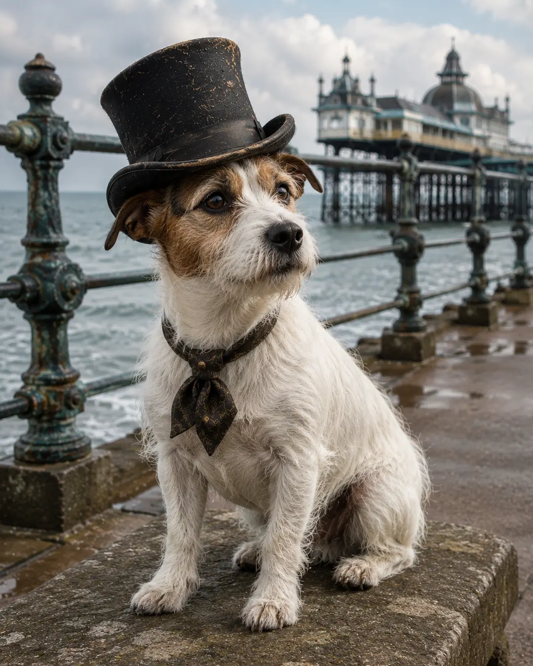A scruffy white-and-brown terrier in a battered top hat poses on a seaside promenade with a grand Victorian pier in the background.