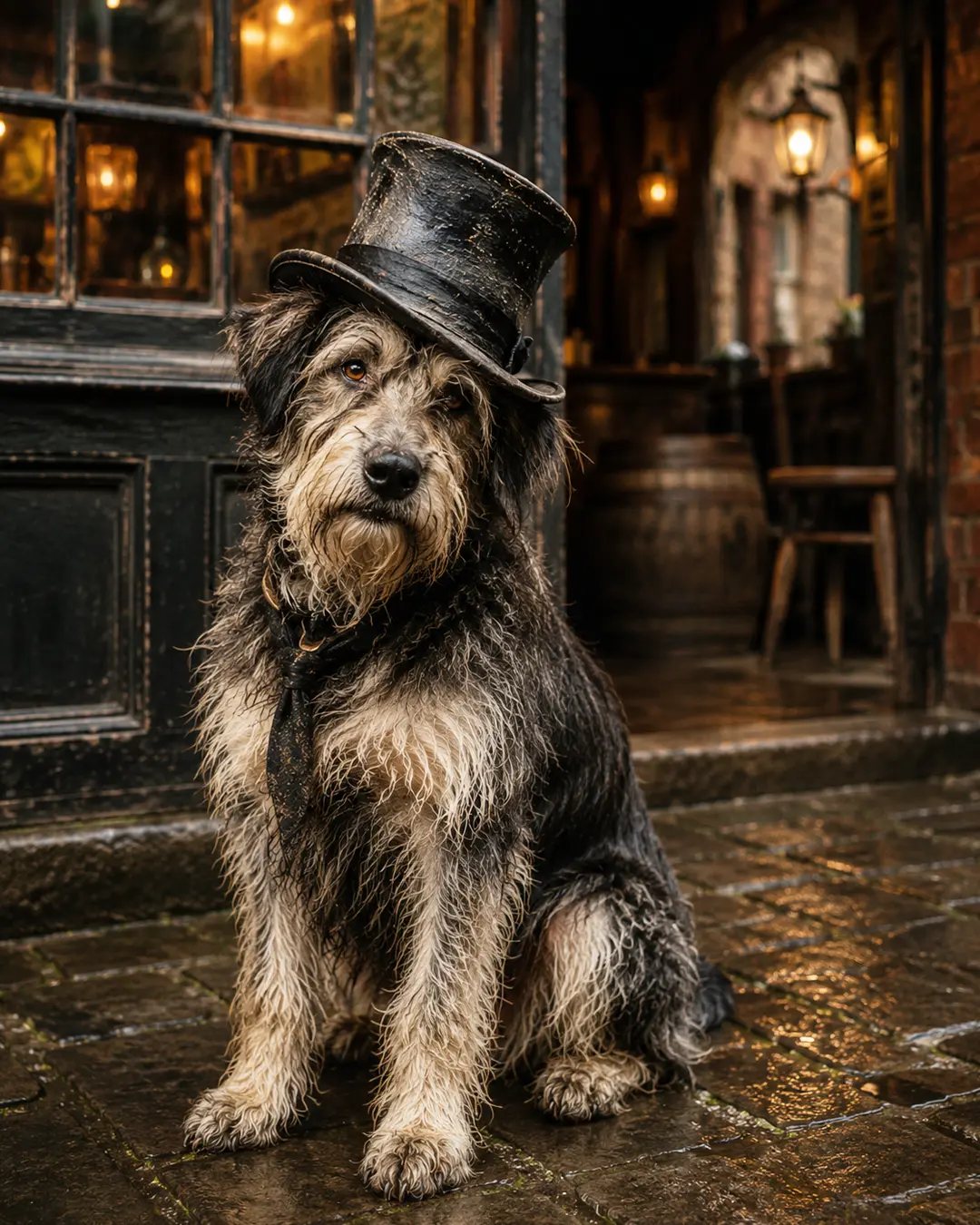 A scruffy black-and-white dog in a battered top hat sits outside a warmly lit Victorian pub on a rain-slicked cobblestone street.