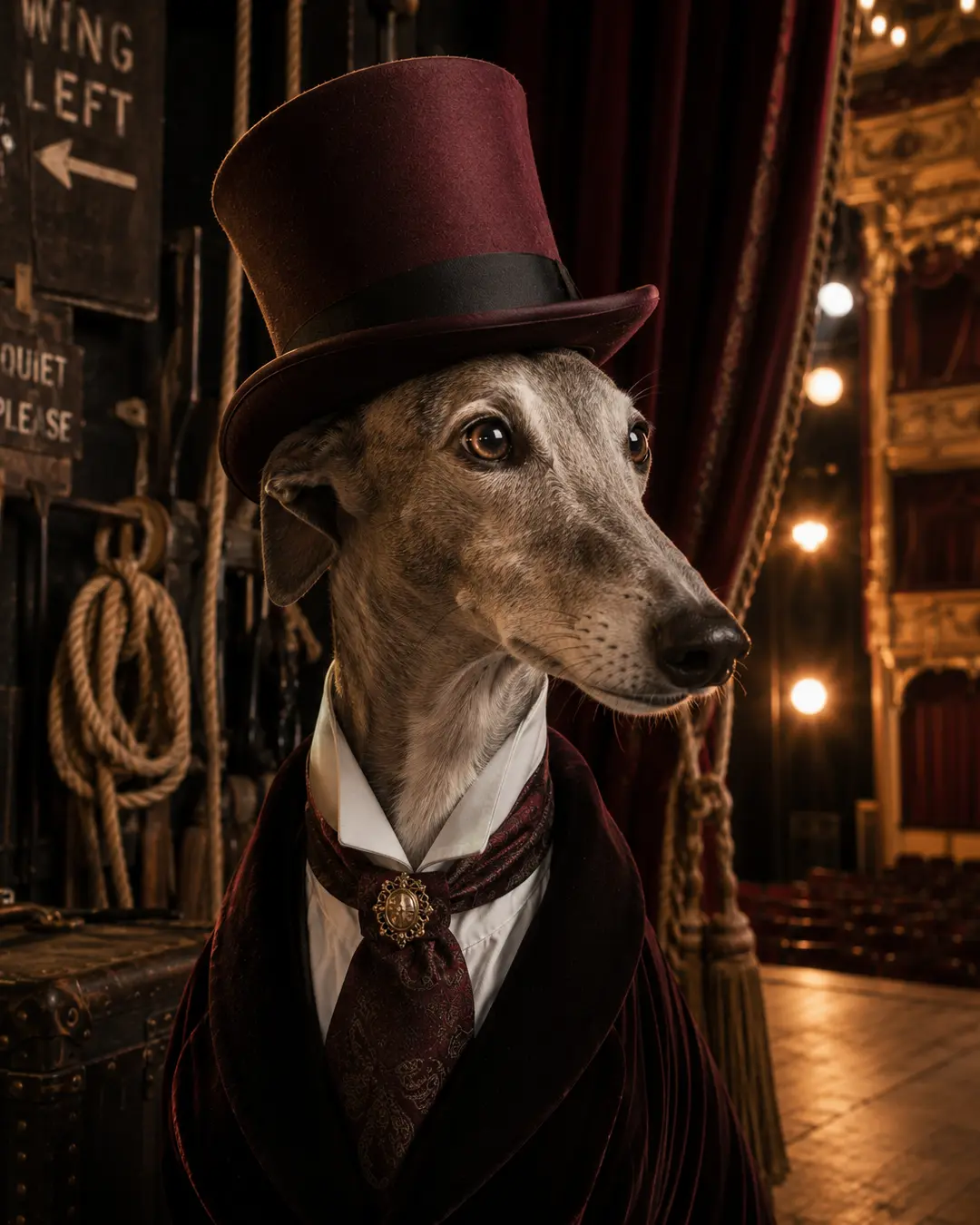 A refined Greyhound in a burgundy top hat and velvet coat waits backstage at an ornate Victorian theater beneath the warm glow of stage lights.