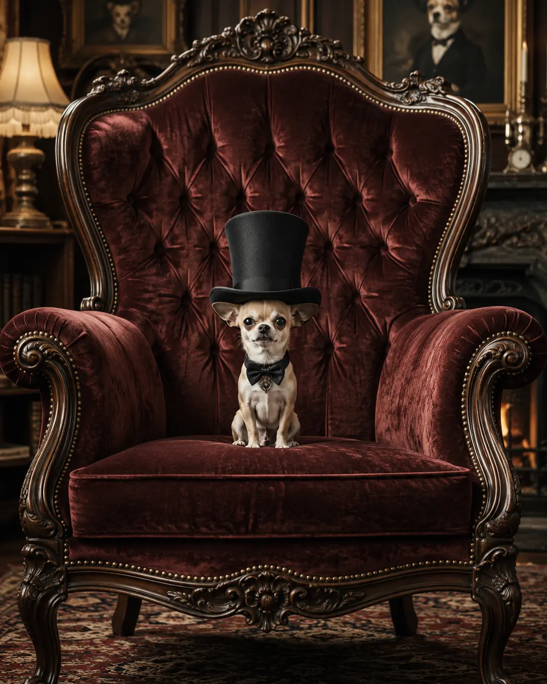 A tiny Chihuahua in a top hat and bow tie sits proudly on an enormous burgundy velvet armchair in an elegant Victorian study.