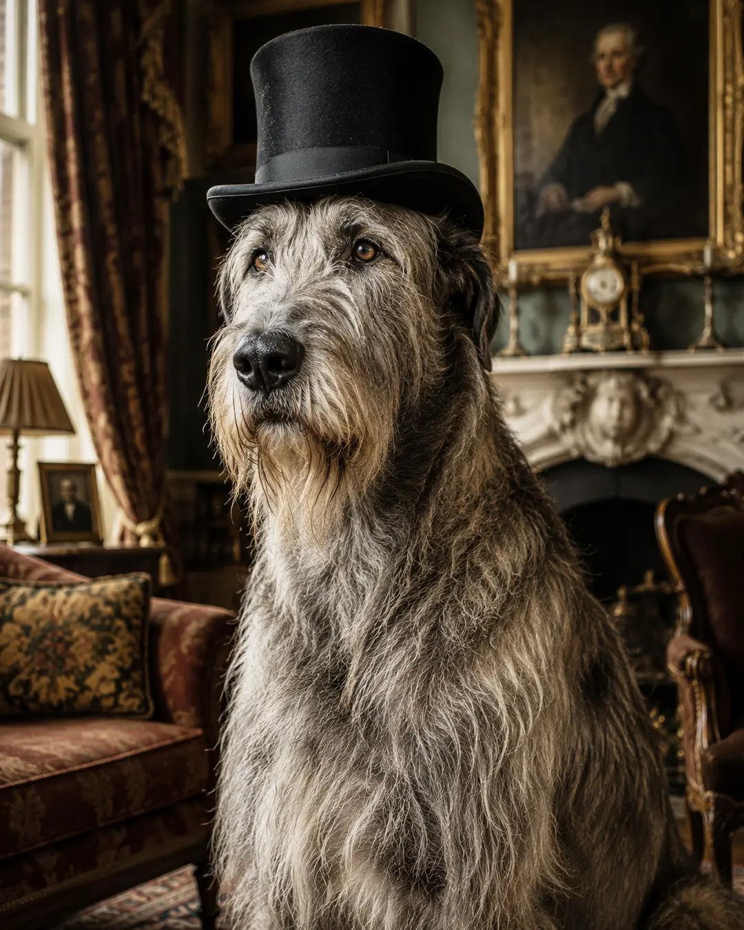 A dignified Irish Wolfhound in a classic top hat poses in an elegant Victorian drawing room filled with antique furnishings and portraits.