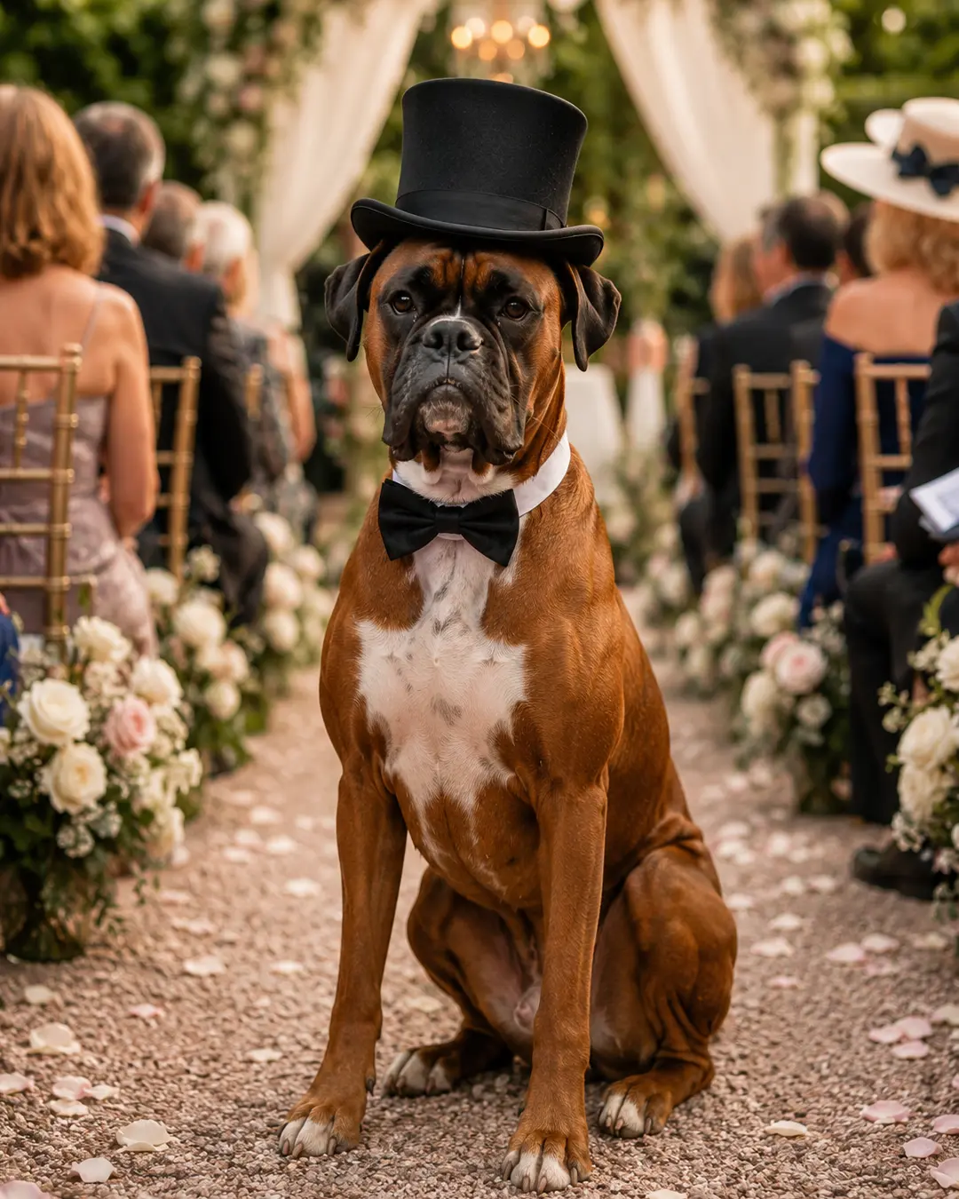 A dignified Boxer in a top hat and bow tie sits proudly in the flower-lined aisle at an elegant outdoor wedding.