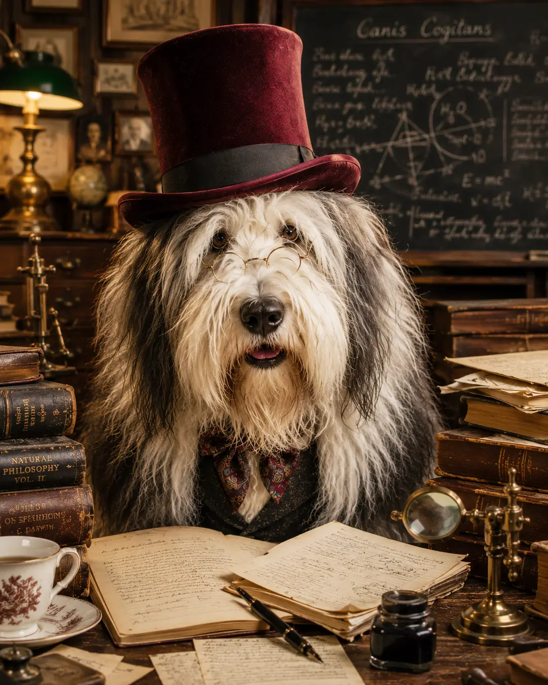 A shaggy black-and-white dog in a burgundy top hat and spectacles poses as an eccentric professor amid books, notes and scientific instruments.
