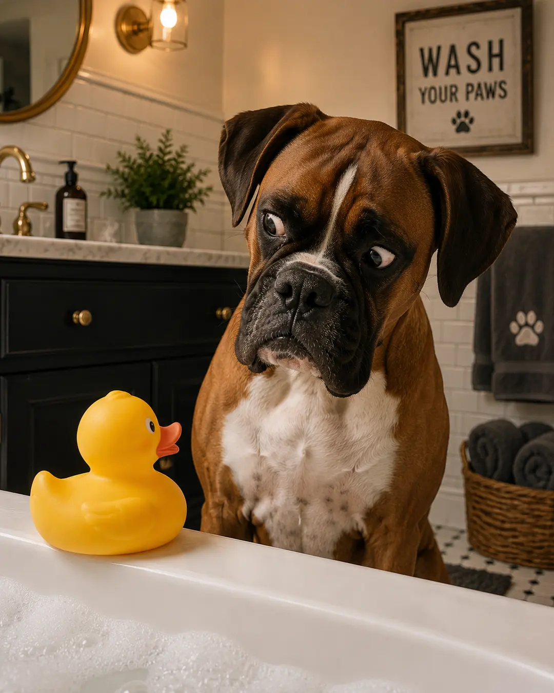 Boxer gives a suspicious side-eye to a yellow rubber duck beside a bubbly bathtub in a warm, stylish bathroom.