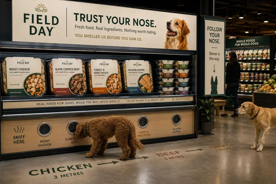 Fresh dog food display invites pets to “trust your nose,” with scent stations and floor directions guiding dogs toward their favorite meals.