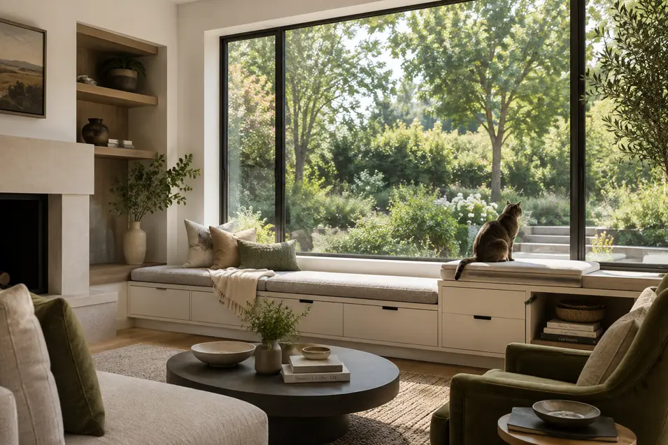 Sunlit living room with a cushioned window seat, garden views, warm neutral decor, and a tabby cat peacefully watching the outdoors.
