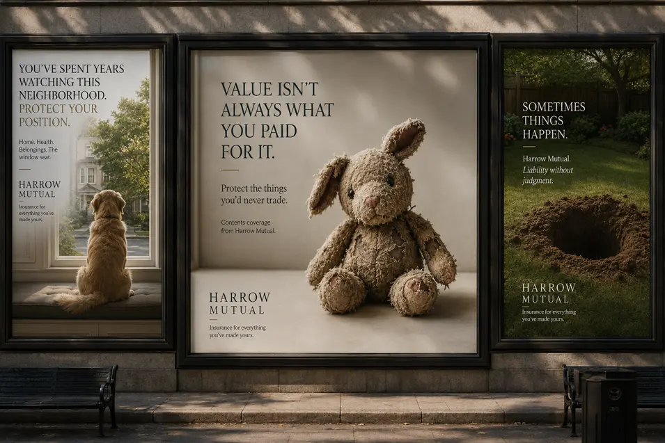 Insurance ads use a watchful dog, cherished toy and backyard disaster to humorously highlight protection for the things people value most.