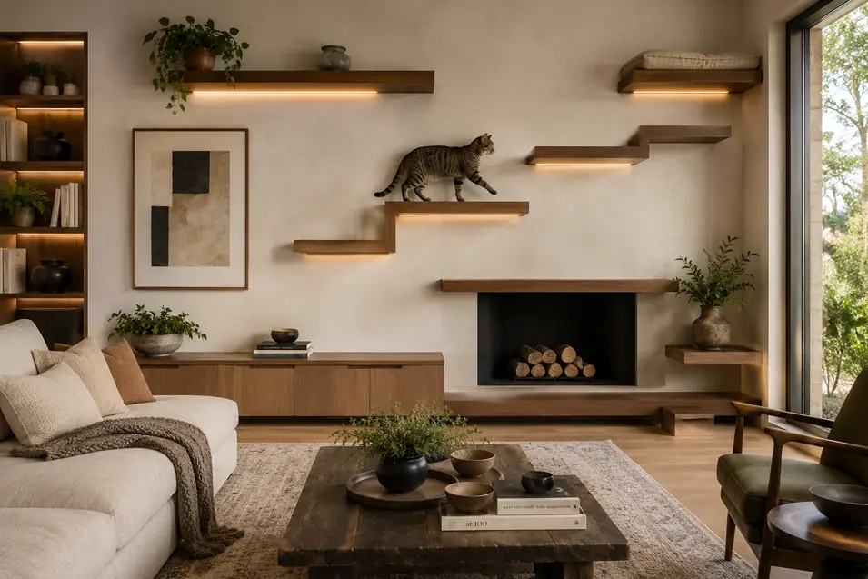 Warm modern living room with wood cat shelves, cozy neutral decor, fireplace, greenery, and a tabby cat exploring the wall.