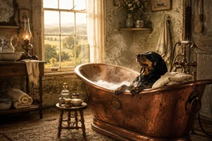 A black-and-tan dog relaxes in a steaming antique copper bath in a rustic vintage bathroom overlooking the sunlit countryside.