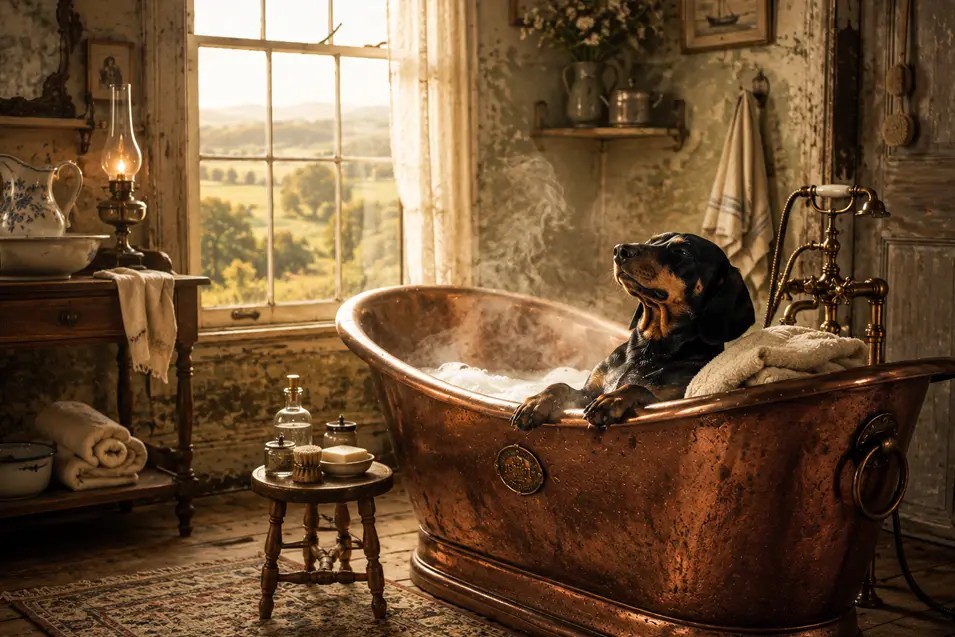 A black-and-tan dog relaxes in a steaming antique copper bath in a rustic vintage bathroom overlooking the sunlit countryside.
