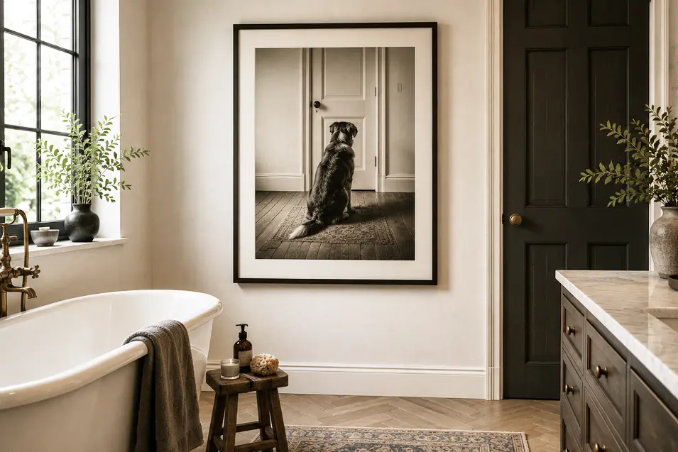 Elegant neutral bathroom with a freestanding tub, dark wood vanity, marble accents, and poignant black-and-white art of a dog waiting by the door.
