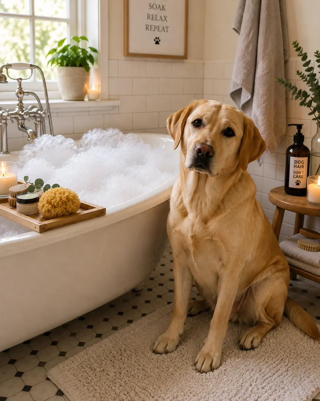 Labrador sits patiently beside a bubble-filled bathtub in a bright, cozy bathroom, looking less than thrilled about bath time.