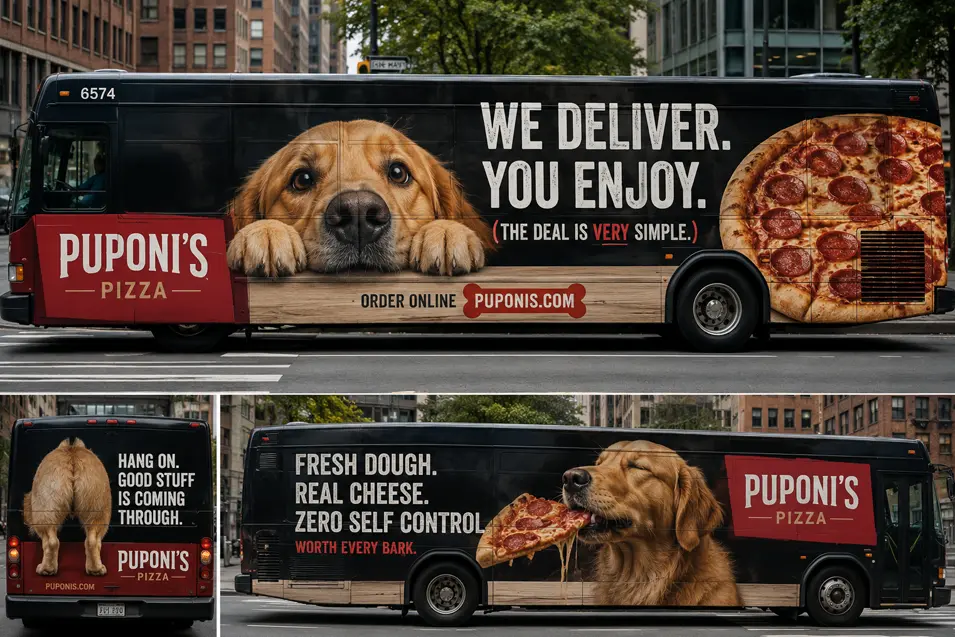 Playful pizza bus ads feature a hungry dog, giant pepperoni pizza, and cheeky slogans promising fresh dough, real cheese, and fast delivery.