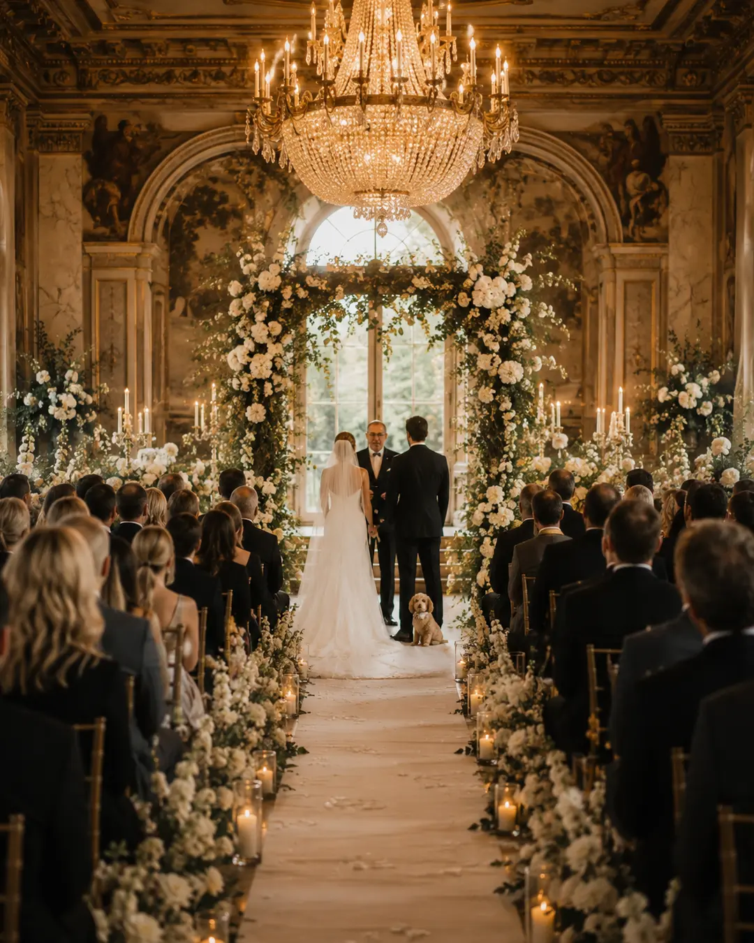 A bride and groom exchange vows with their dog beside them in a lavish, flower-filled ceremony beneath a grand crystal chandelier.