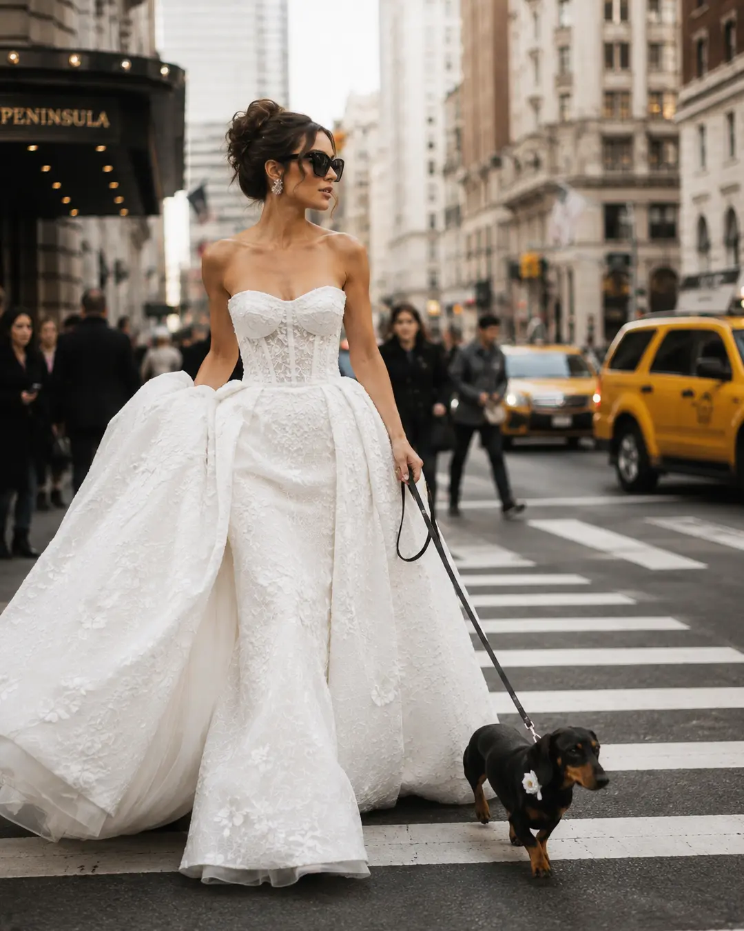 A stylish bride in a dramatic lace wedding gown walks a flower-adorned Dachshund across a busy city street.