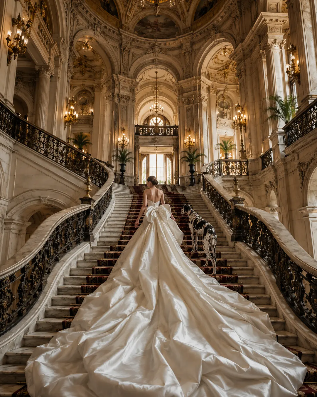 A bride in a sweeping white gown climbs a grand marble staircase beside a Great Dane in an opulent, chandelier-lit mansion.