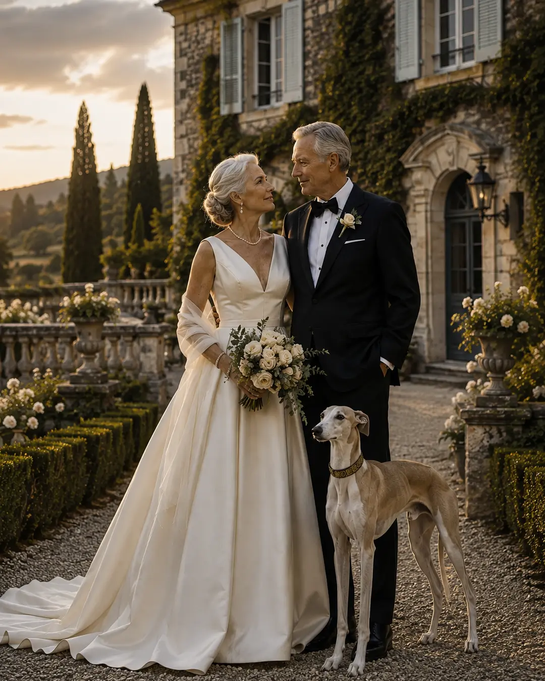 An elegant older newlywed couple poses with their graceful sighthound outside a grand ivy-covered estate at golden hour.