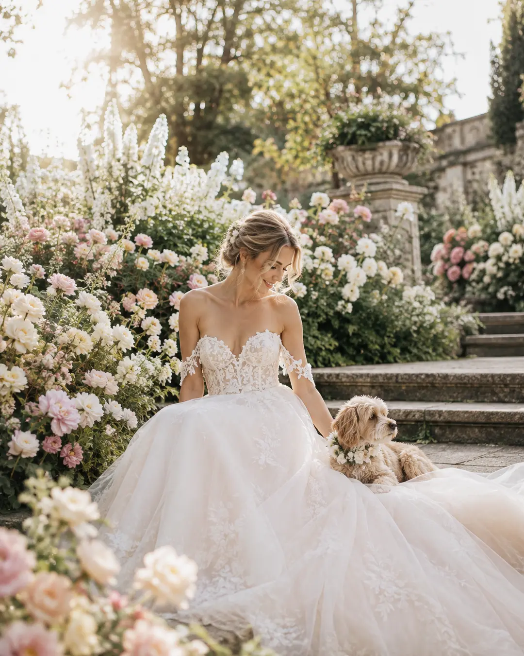 A bride in a romantic lace gown sits beside her flower-collared dog among blooming roses in a sunlit garden.