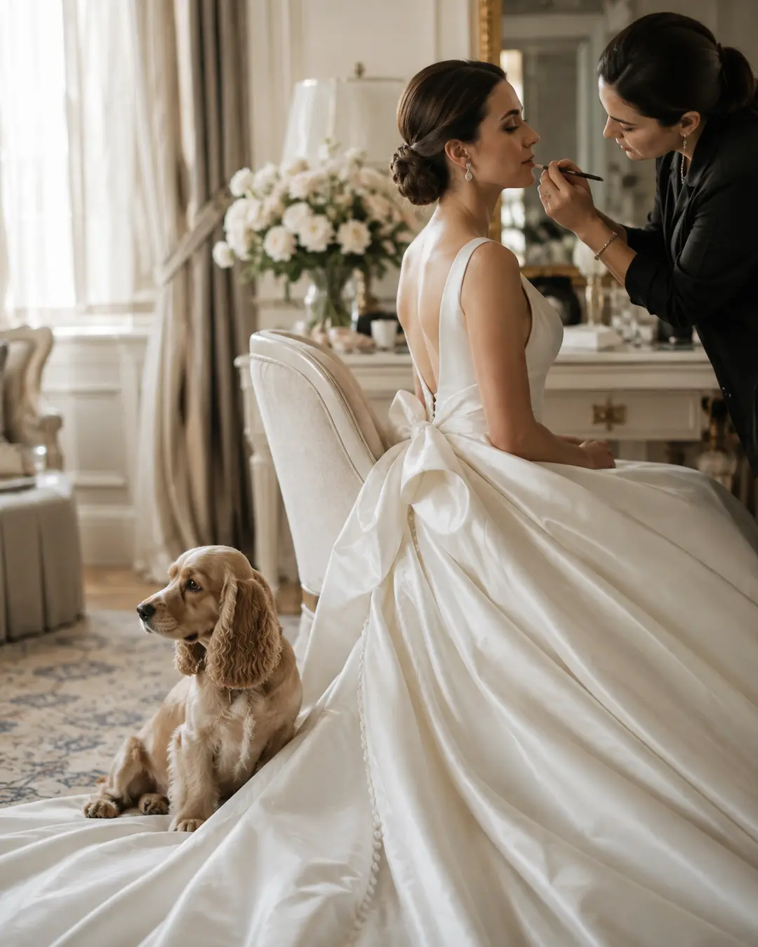 A bride has her makeup applied in an elegant suite while a Cocker Spaniel sits calmly beside the sweeping train of her wedding gown.