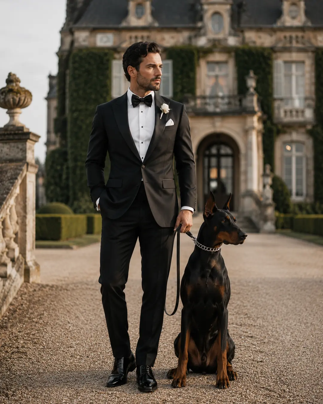 A groom in a black tuxedo poses with a Doberman on a grand estate, creating a sophisticated and striking wedding portrait.