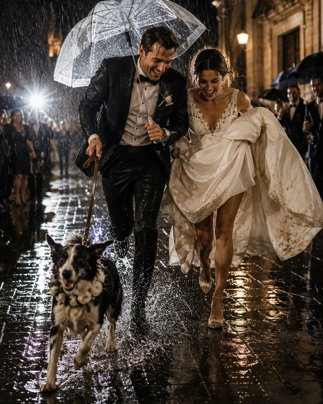 A joyful newlywed couple runs through the rain with their flower-collared dog beneath an umbrella after their wedding.