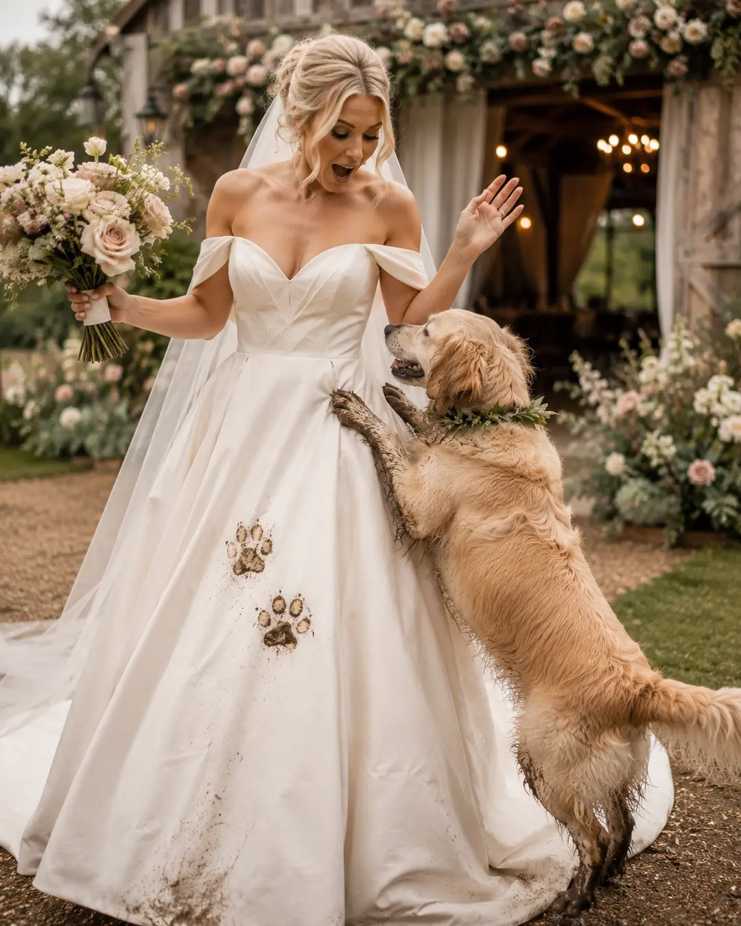 A muddy dog jumps up on a surprised bride, leaving playful paw prints across her white wedding gown.