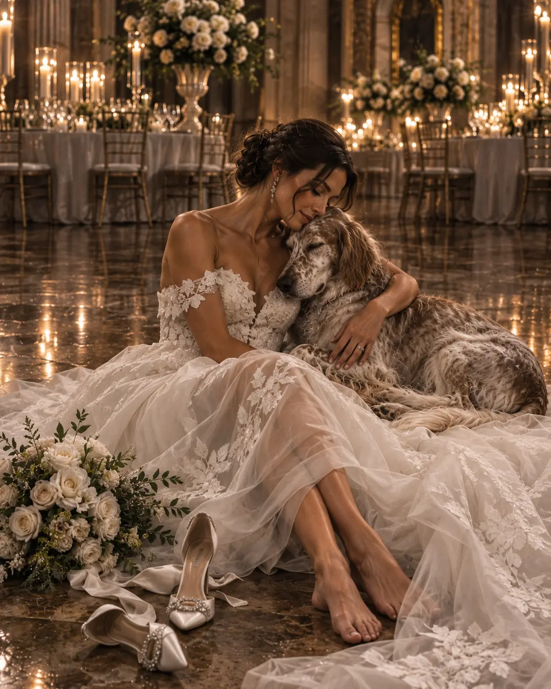 A bride shares a tender moment with her dog on the dance floor amid glowing candles and elegant wedding flowers.