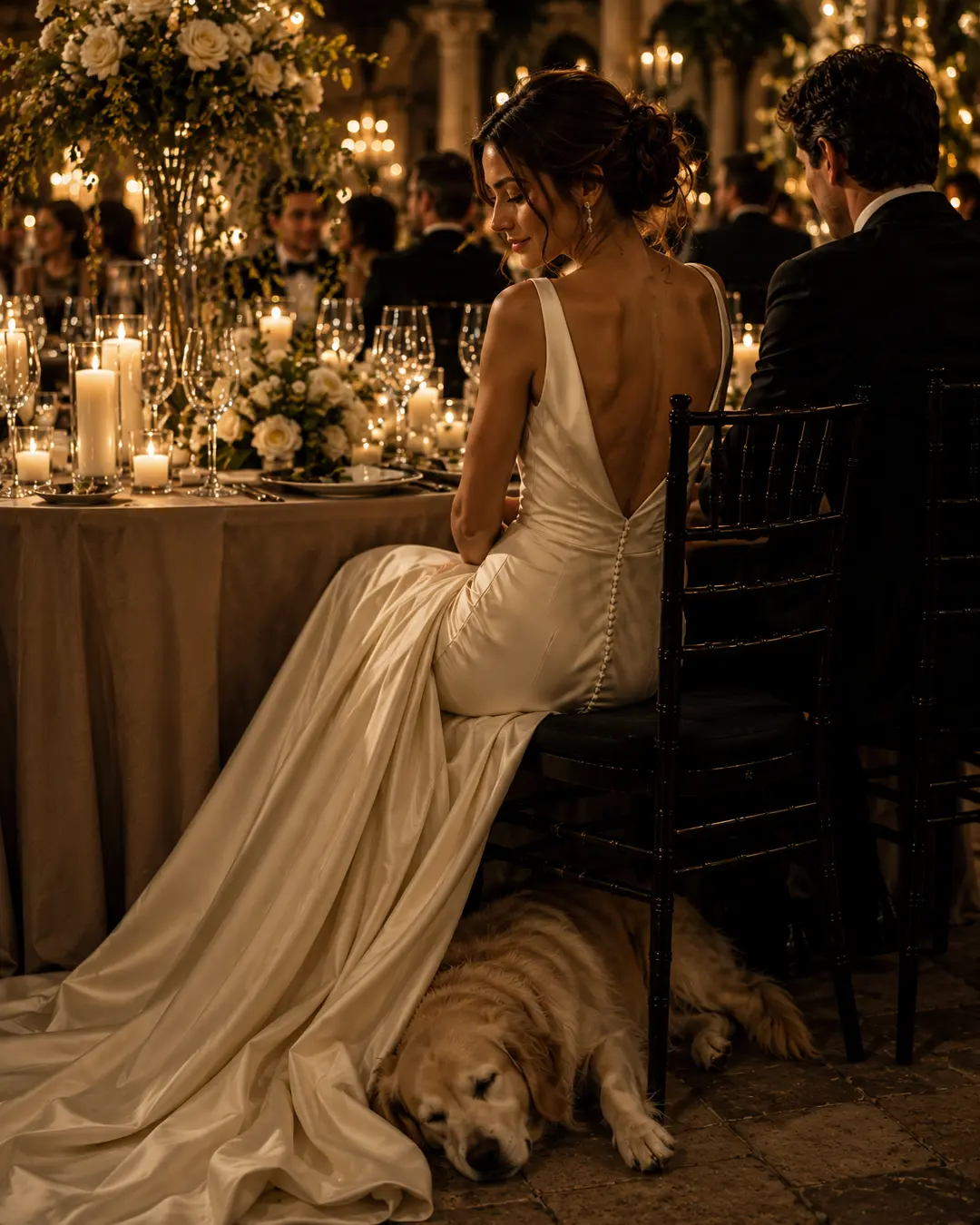 A bride enjoys an elegant candlelit wedding reception while her dog sleeps peacefully beneath her chair and flowing gown.