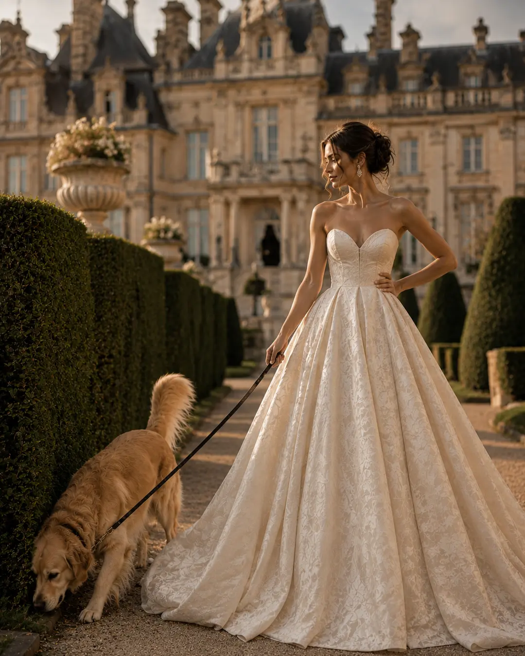 A bride in an elegant lace gown walks her dog through manicured gardens outside a grand historic estate at golden hour.