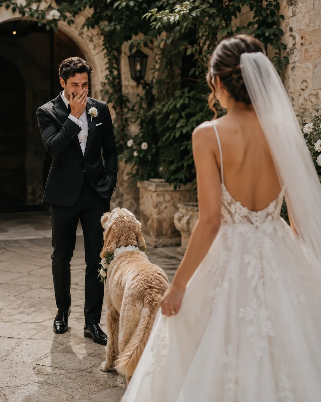 A groom reacts emotionally to seeing his bride during a romantic first look, with their flower-collared dog standing between them.