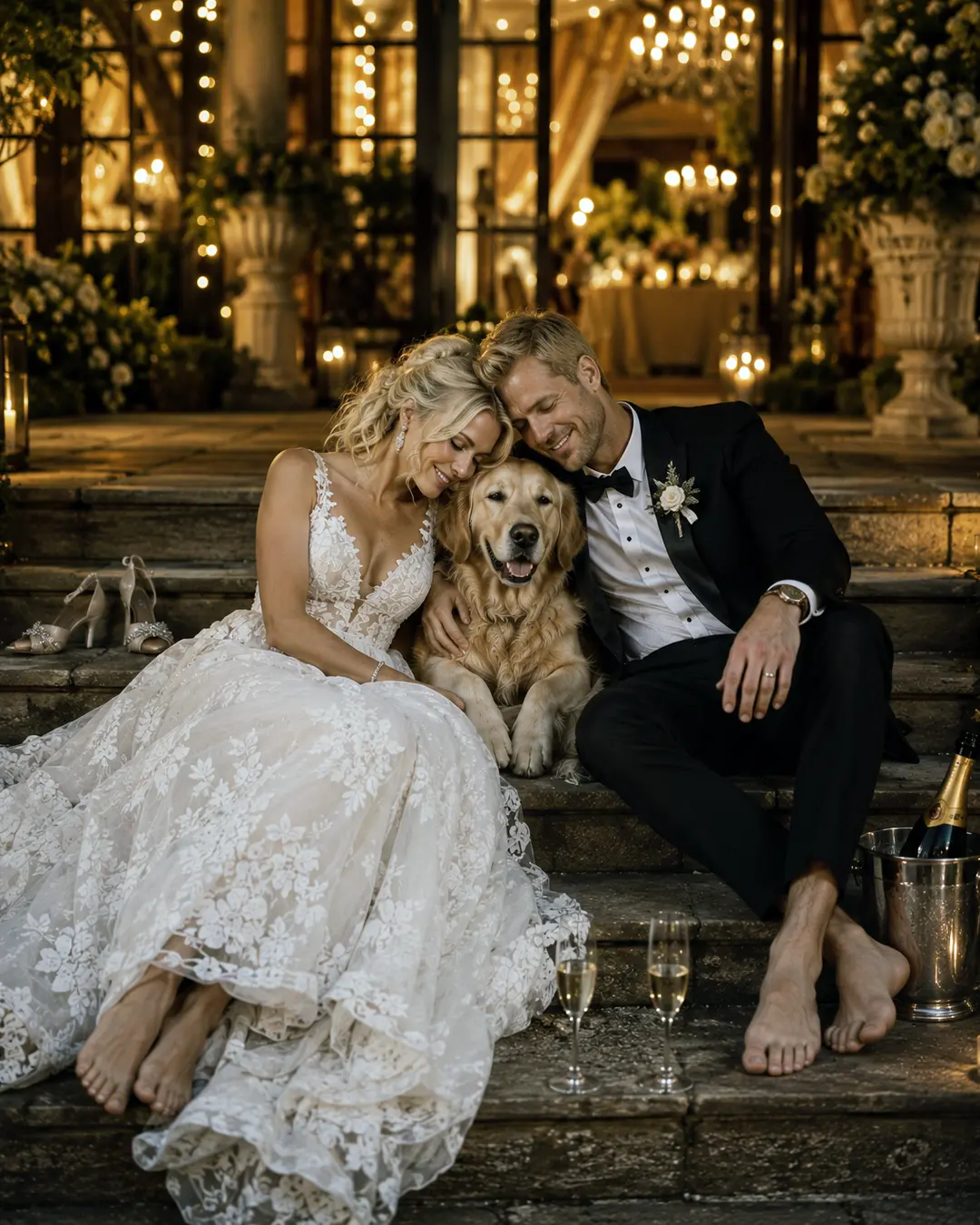 A newlywed couple cuddles their dog on candlelit steps, sharing a relaxed moment together after an elegant wedding celebration.