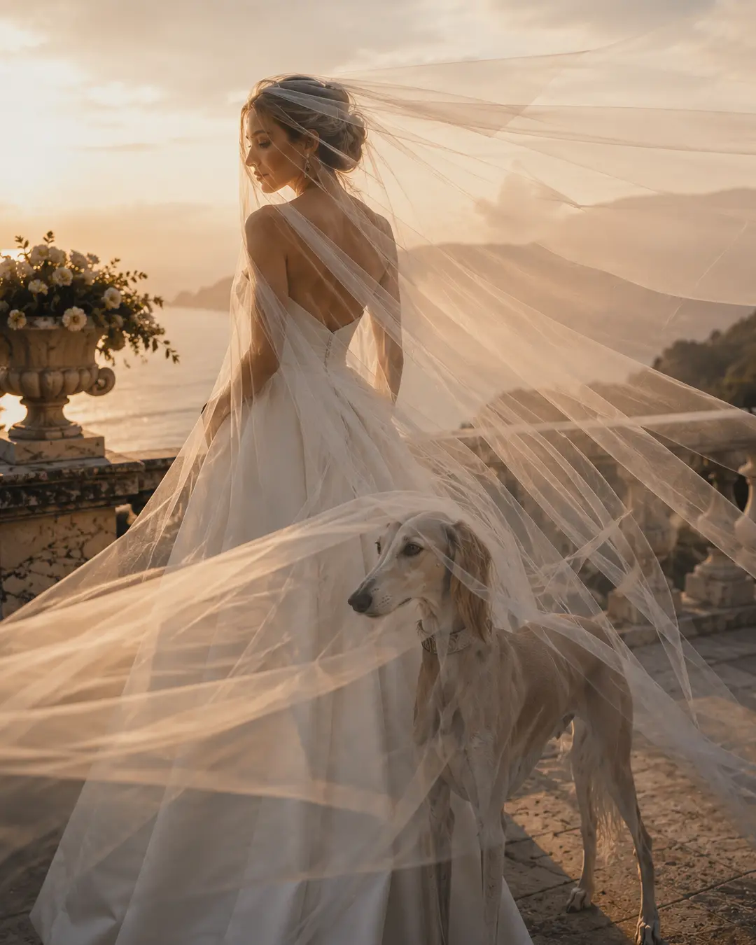 A bride poses with an elegant sighthound as her long veil billows dramatically in the golden sunset above a scenic coastline.