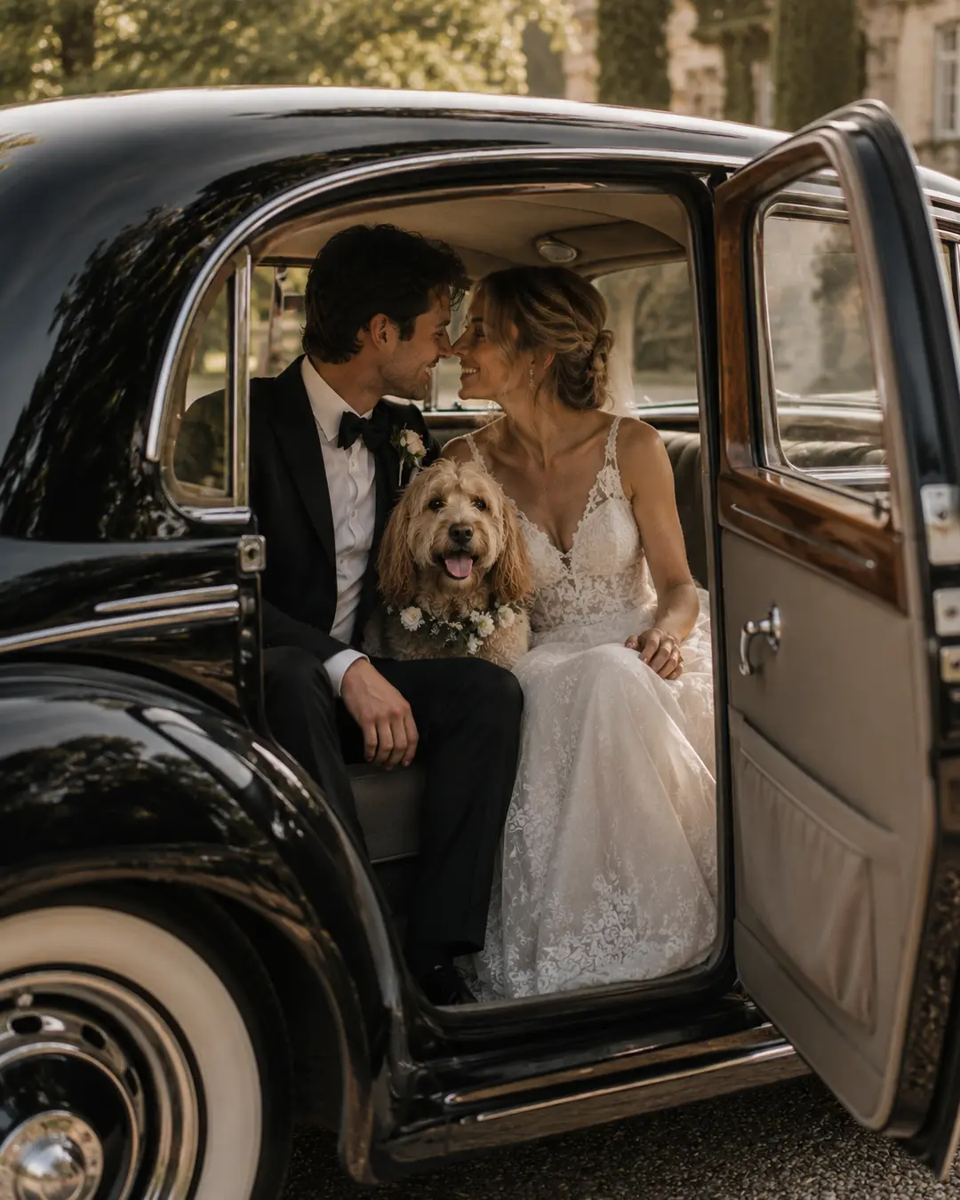 A newlywed couple shares a joyful moment with their flower-collared dog in the back seat of an elegant vintage wedding car.