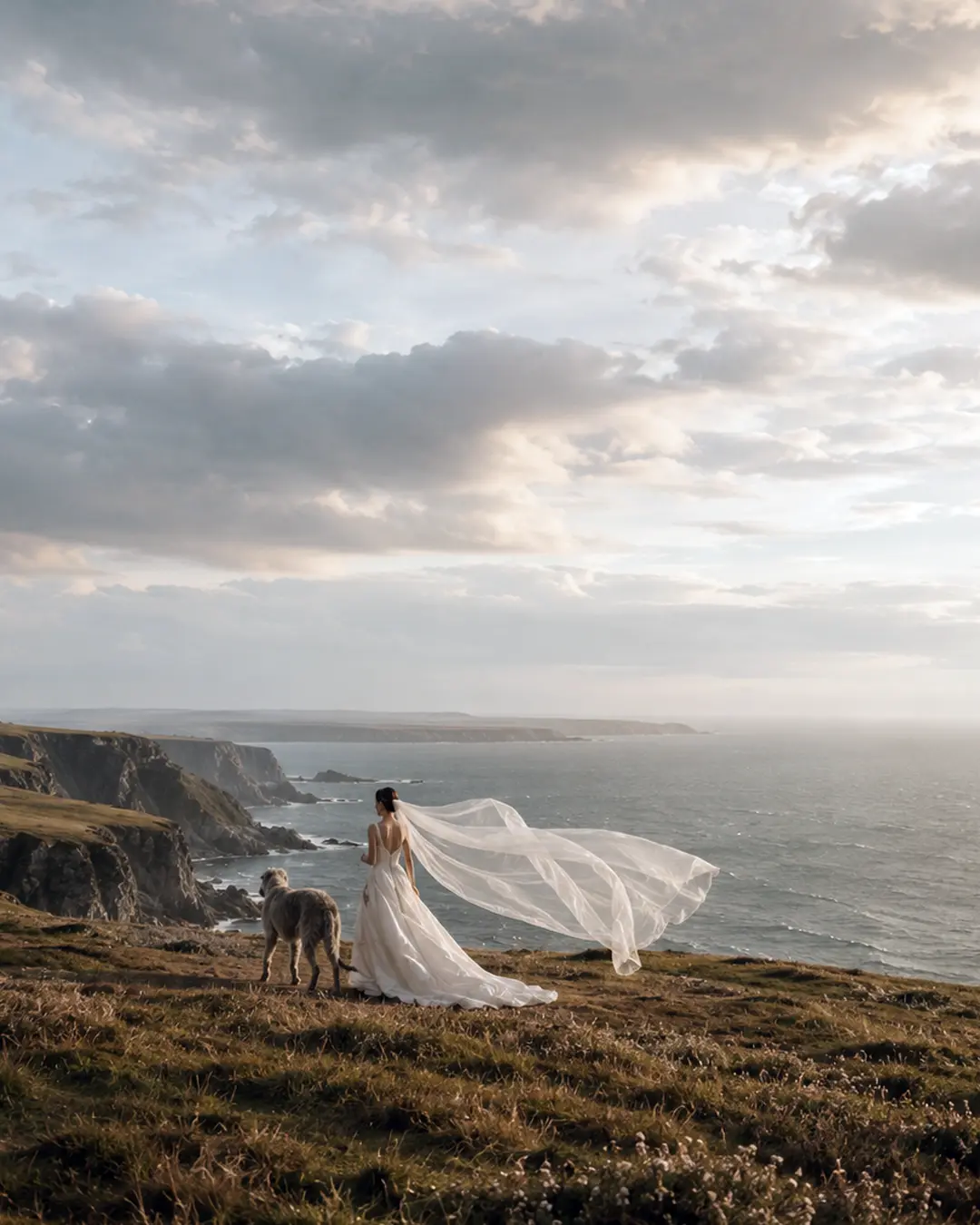 A bride stands with her dog on a dramatic coastal cliff, her long veil billowing in the wind beneath a vast, cloud-filled sky.