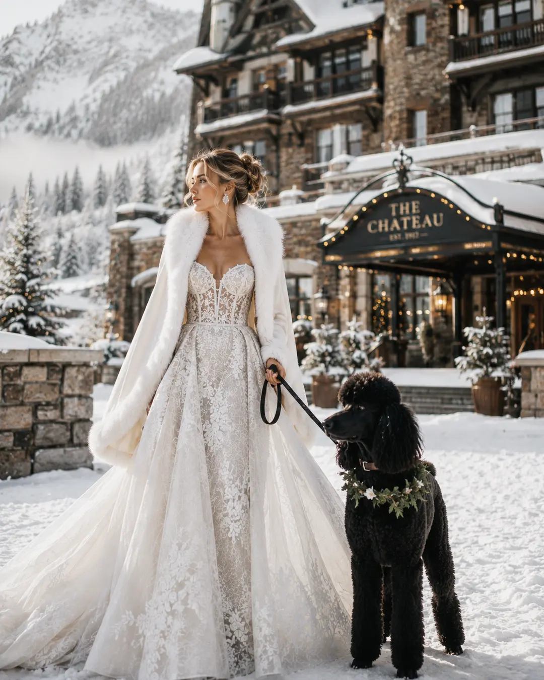 A bride in a lace gown and fur wrap poses with a black Poodle outside a luxurious snow-covered mountain chateau.