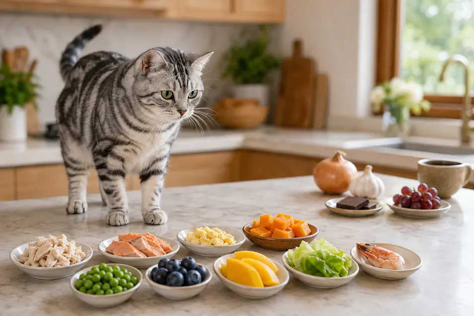 A silver tabby cat examines bowls of cat-safe human foods, with onion, garlic, chocolate, grapes and coffee separated in the background.