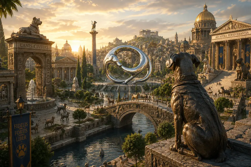 A magnificent dog-themed city glows at sunset, filled with grand monuments, temples, statues, waterways, and a gleaming modern sculpture.