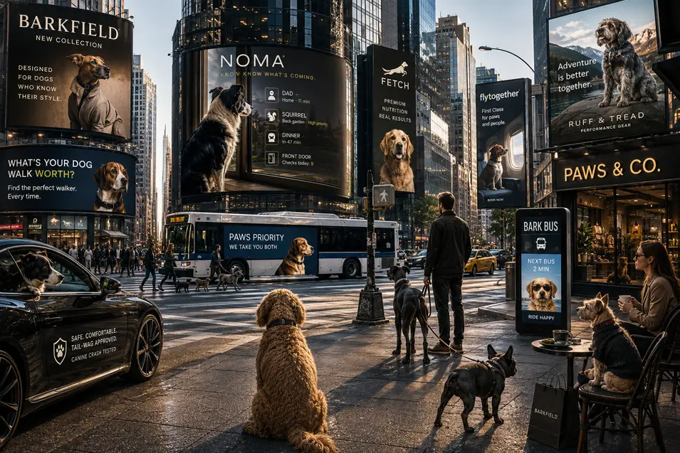 A city transformed for canine consumers, where dogs are the customers and every brand, service and advertisement is designed around them.