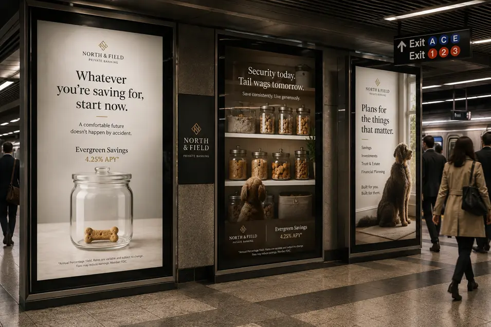 Private banking ads in a busy subway use playful dog-themed imagery to promote savings, financial planning, and a secure future.