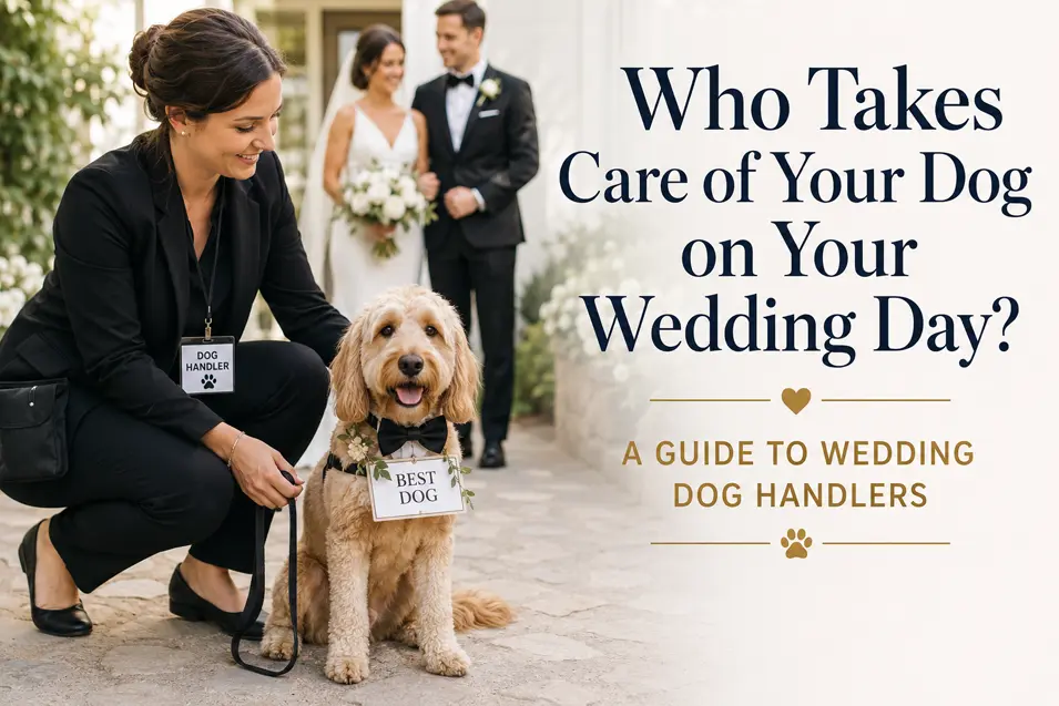 A wedding dog handler cares for a bow-tied dog while the bride and groom enjoy their celebration in the background.
