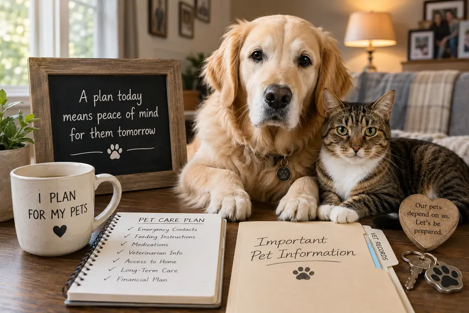 A Golden Retriever and tabby cat sit beside a pet care plan, emergency information, keys, and reminders for preparing for their future care.