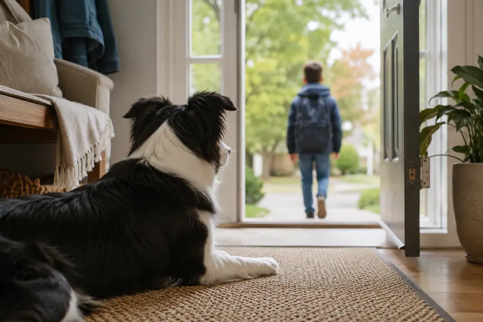 A Border Collie watches from the doorway as a child with a backpack leaves for school on a quiet September morning