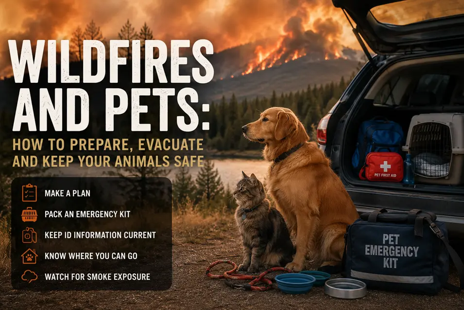 Wildfire evacuation graphic showing a dog and cat beside an emergency kit and vehicle as flames and heavy smoke fill the mountains behind them.